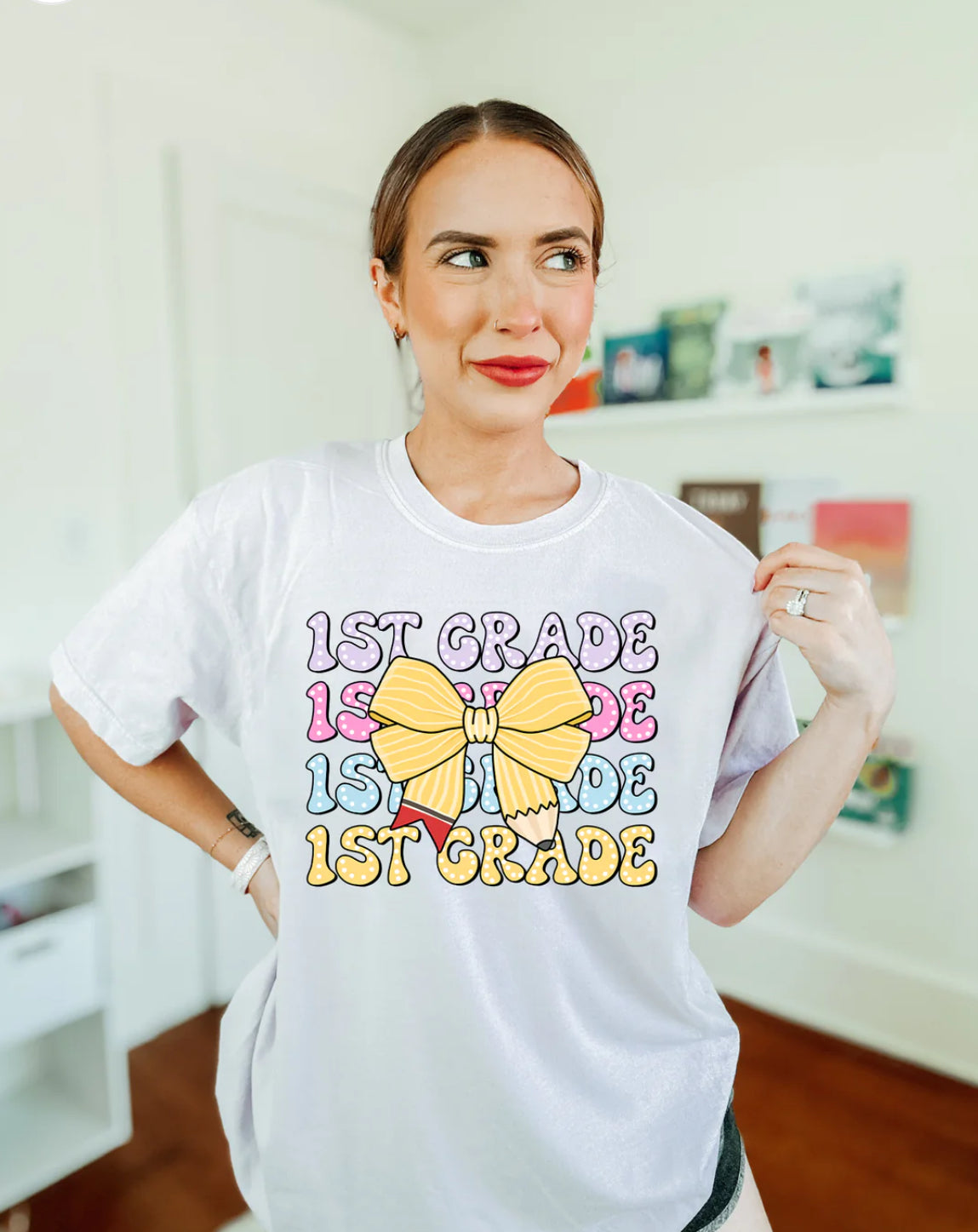 Grade stacked Coquette Pencil bow tee