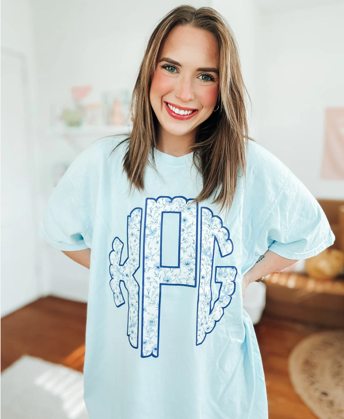 Blue & White Floral Monogram tee